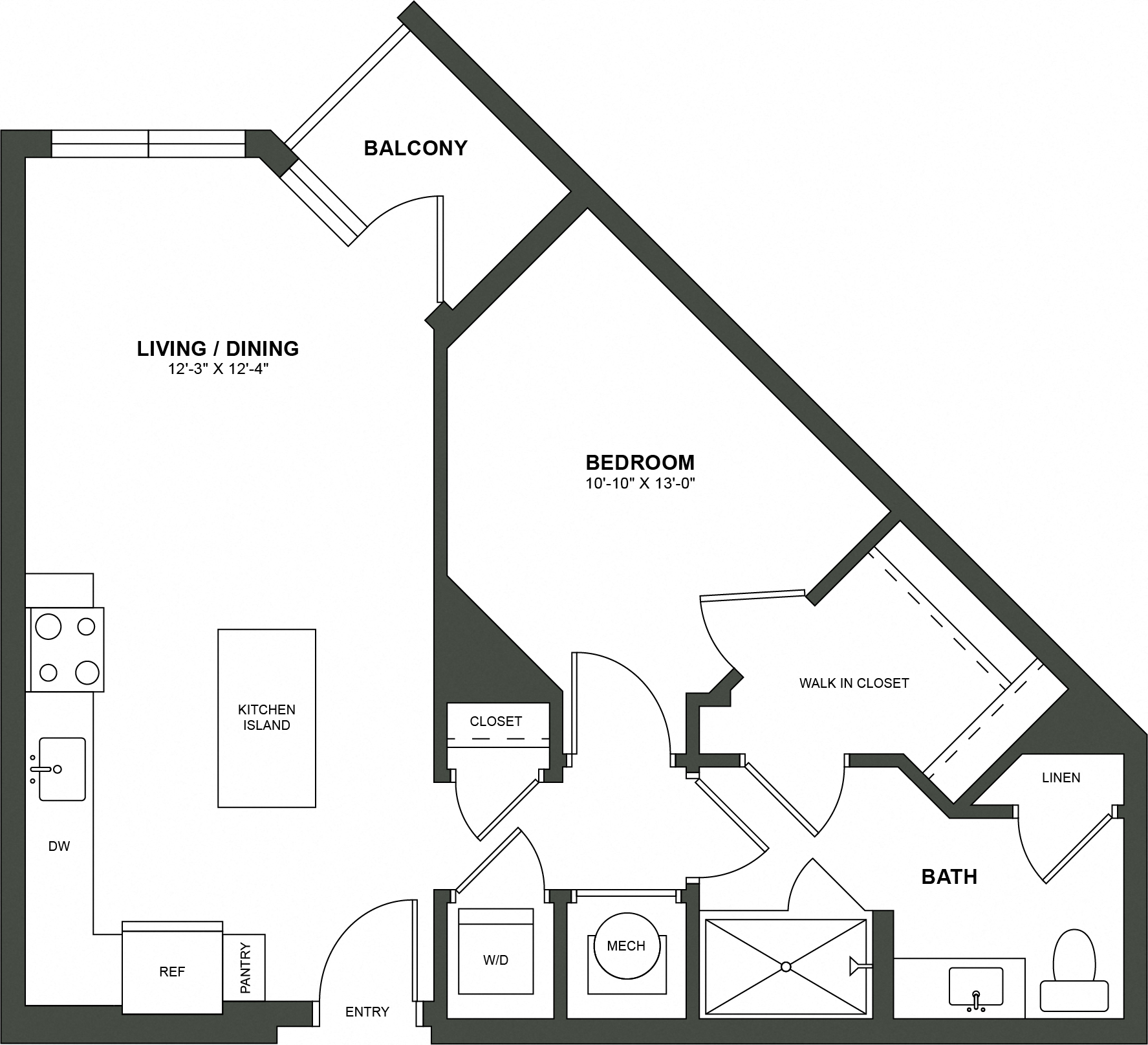 Floor plan for 1 bed, 1 bath, 732 sqft